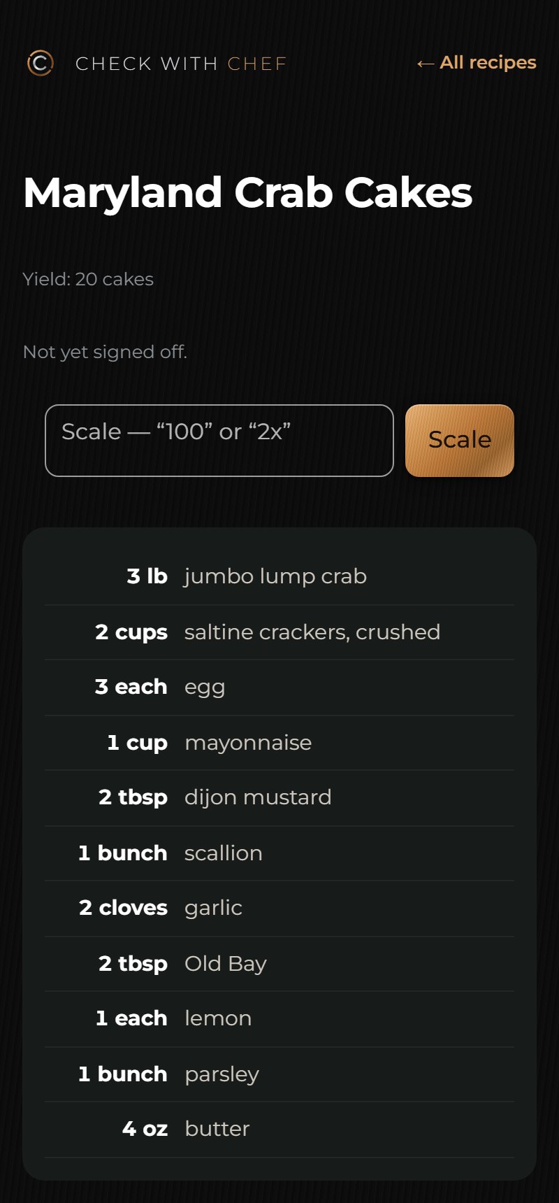 Check with Chef on a phone: the Maryland Crab Cakes recipe with amounts and a Scale button.
